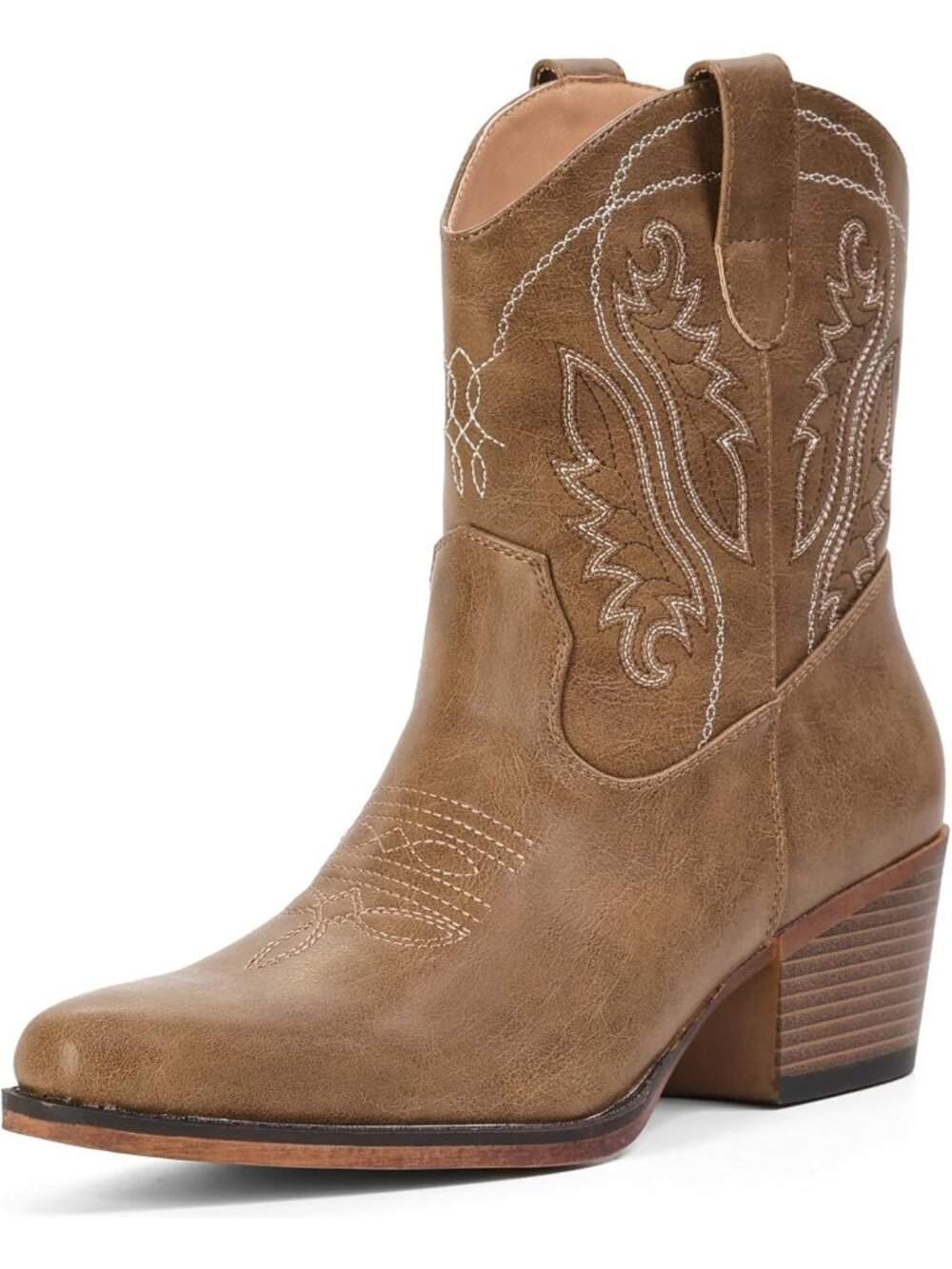 Women's Khaki Snip Toe Embroidered Mid Calf Faux Leather Ankle Booties